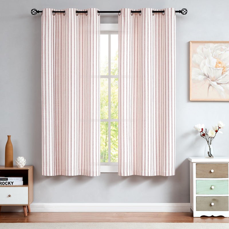 Randall Red Striped Printed Semi-Sheer Curtains Framhouse Linen Blend Yarn Dyed Heavy Window Treatment Drapes for Living Room/Bedroom, Light Filtering Modern Grommet Curtains,2 Panels, 40"x63"x2 - Image 1